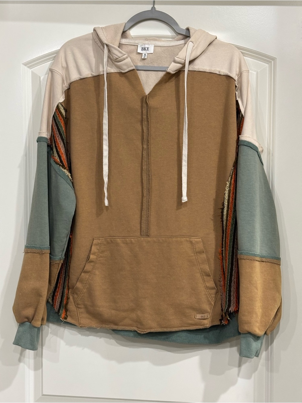 BKE Men's Patchwork Zip-Up Hoodie in Brown, Sage & Cream